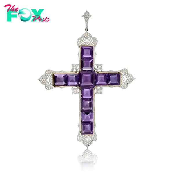 A cross made up of square-cut amethysts framed by circular diamonds.