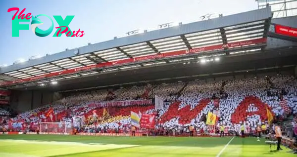 LIVERPOOL, ENGLAND - Saturday, May 18, 2024: Liverpool supporters' mural on the Kop before the FA Premier League match between Liverpool FC and Wolverhampton Wanderers FC at Anfield. (Photo by David Rawcliffe/Propaganda)