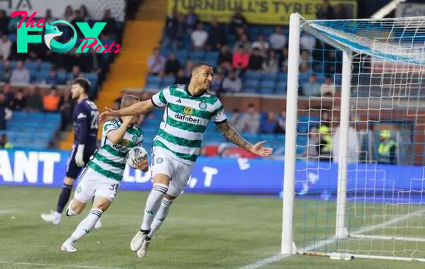 Adam Idah of Celtic scores the opening goal during the Cinch Scottish Premiership match between Kilmarnock FC and Celtic FC at Rugby Park on May 15...