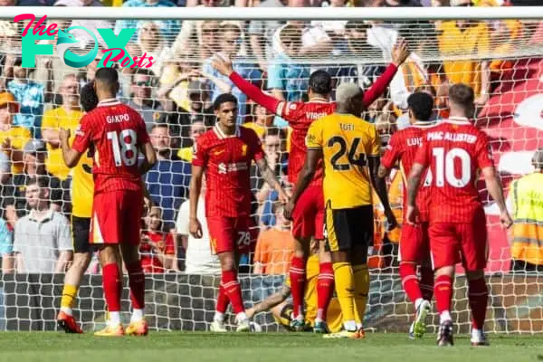 LIVERPOOL, ENGLAND - Saturday, May 18, 2024: Liverpool's Jarell Quansah celebrates after scoring the second goal during the FA Premier League match between Liverpool FC and Wolverhampton Wanderers FC at Anfield. (Photo by David Rawcliffe/Propaganda)