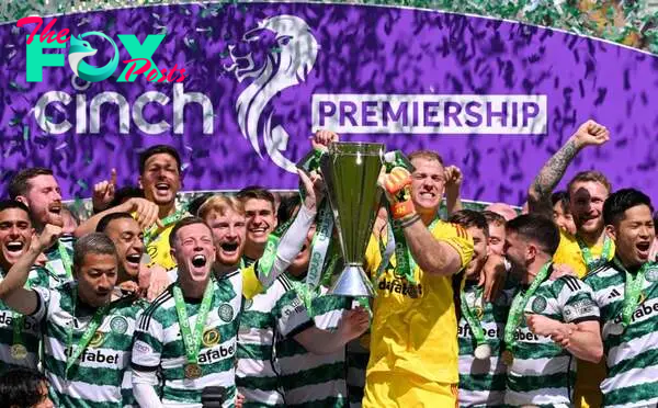 Callum McGregor and Joe Hart of Celtic lift the Cinch Scottish Premiership trophy during the Cinch Scottish Premiership match between Celtic FC v S...