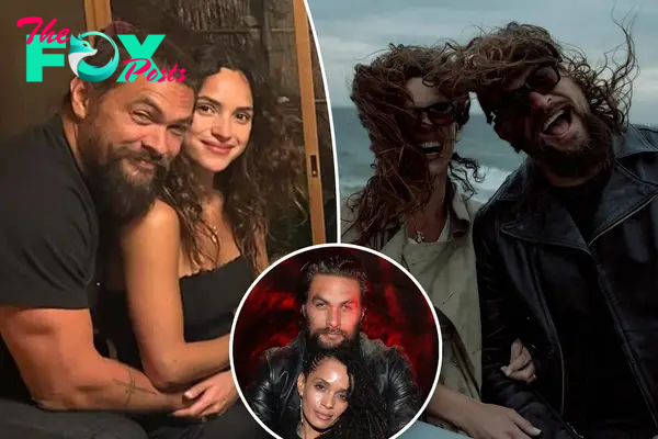 Adria Arjona and Jason Momoa with an inset of Jaon Momoa and Lisa Bonet.