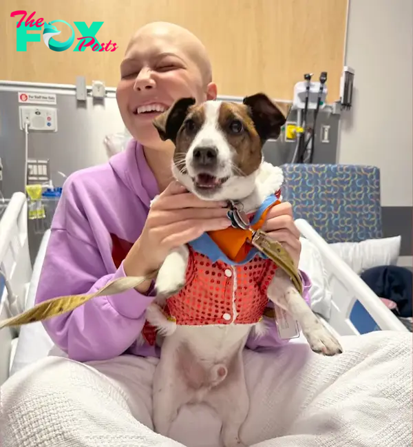 Isabella Strahan holding a dog in the hospital.