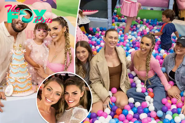 A split photo of Brock Davies and Scheana Shay with their daughter and a photo of Stassi Schroeder, Lala Kent, Scheana Shay and Brittany Cartwright and a small selfie of Brittany Cartwright and Stassi Schroeder