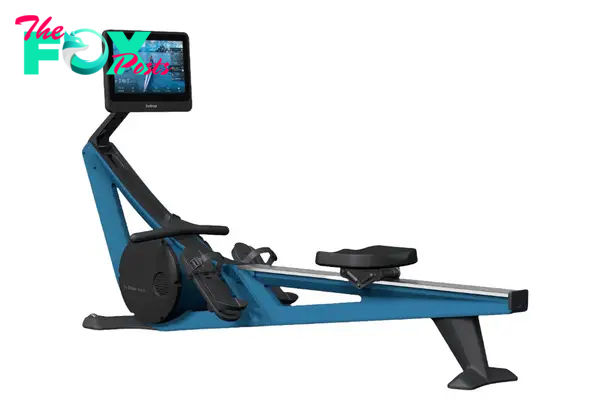 A blue rowing machine