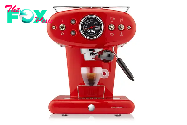 A red espresso machine