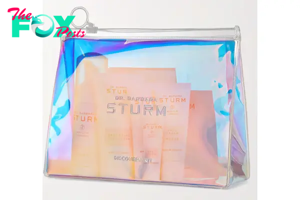 A clear pouch of skincare