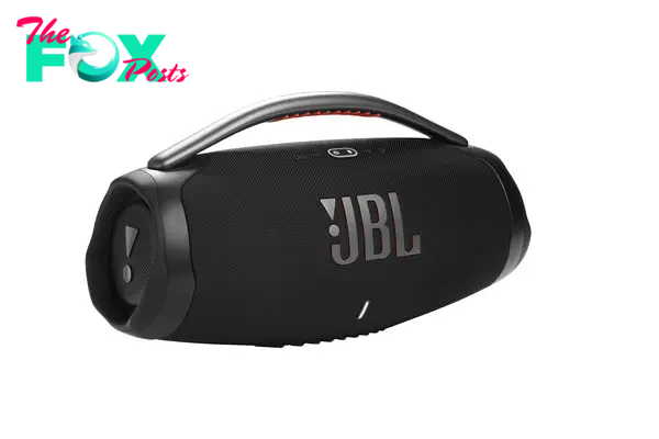 A black JBL portable speaker