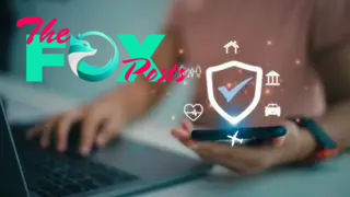A blurry picture of a person sitting at a laptop with symbols relating to risks overlaid on top.