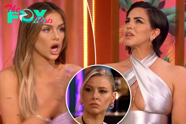 A split of Lala Kent talking and Katie Maloney talking and a small photo of Ariana Madix talking