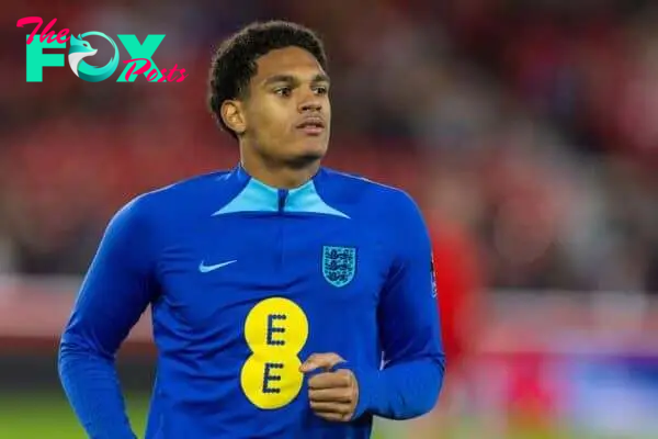 NOTTINGHAM, ENGLAND - Thursday, October 12, 2023: England's Jarell Quansah during the pre-match warm-up before the 2025 UEFA European Under-21 Championship Qualifying Group F game between England and Serbia at the City Ground. England won 9-1. (Photo by David Rawcliffe/Propaganda)