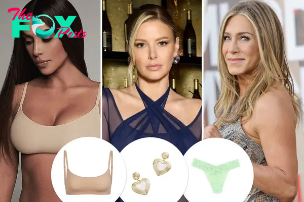 A split image of Kim Kardashian, Ariana Madix and Jennifer Aniston with insets of a bra, earrings and underwear