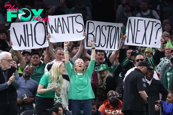 BOSTON, MASSACHUSETTS - MAY 15: Boston Celtics fans celebrate a series win against the Cleveland Cavaliers in Game Five of the Eastern Conference Second Round Playoffs at TD Garden on May 15, 2024 in Boston, Massachusetts.