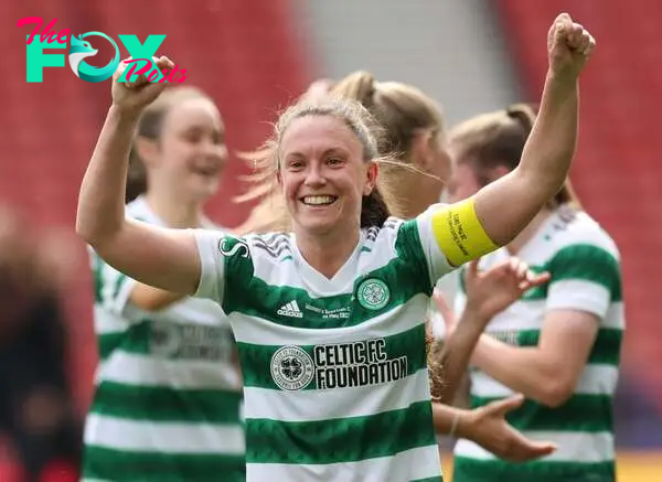 Celtic captain Kelly Clark celebrates at full time during the Women's Scottish Cup Final between Celtic and Rangers at Hampden Park on May 28, 2023...