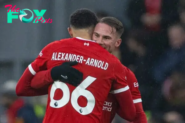 LIVERPOOL, ENGLAND - Sunday, December 3, 2023: Liverpool's Alexis Mac Allister (R) celebrates with team-mate Trent Alexander-Arnold after scoring the second goal during the FA Premier League match between Liverpool FC and Fulham FC at Anfield. (Photo by David Rawcliffe/Propaganda)
