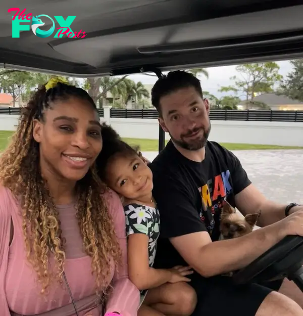 Serena Williams and Alexis Ohanian in a golf cart with Olympia. 