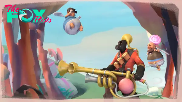 The pyro, heavy, and scout from TF2 in a childish dreamworld