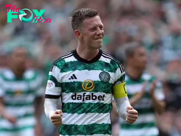 Celtic captain Callum McGregor celebrates at full time during the Cinch Scottish Premiership match between Celtic FC and Rangers FC at Celtic Park ...