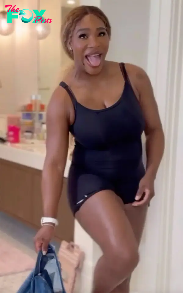 Serena Williams trying on a denim skirt. 