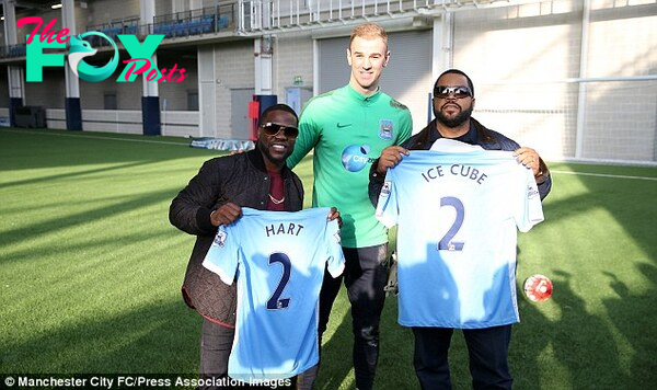 The actors were presented with their own Manchester City shirts alongside England keeper Hart