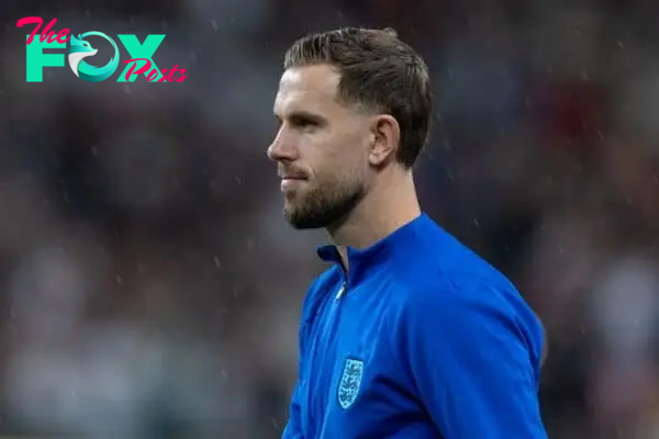 LONDON, ENGLAND - Friday, October 13, 2023: England's captain Jordan Henderson leads his side out before an International Friendly match between England and Australia at Wembley Stadium. England won 1-0. (Photo by David Rawcliffe/Propaganda)