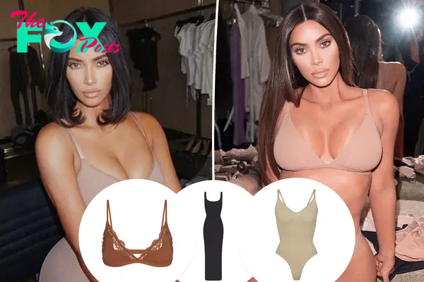 Kim Kardashian in a bra, with insets of shapewear, a bralette and a dress