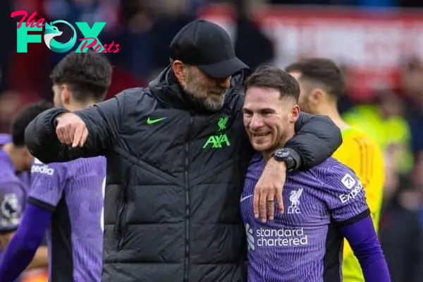 NOTTINGHAM, ENGLAND - Saturday, March 2, 2024: Liverpool's manager Jürgen Klopp (L) and Alexis Mac Allister after the FA Premier League match between Nottingham Forest FC and Liverpool FC at the City Ground. Liverpool won 1-0. (Photo by David Rawcliffe/Propaganda)