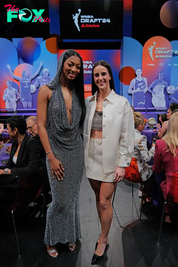 Angel Reese and Caitlyn Clark at the 2024 WNBA Draft.