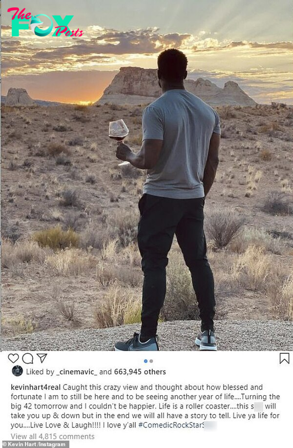 The day before: Kevin posted a slightly tamer photo, with his back to the camera as he took in a breathtaking desert vista at sunset