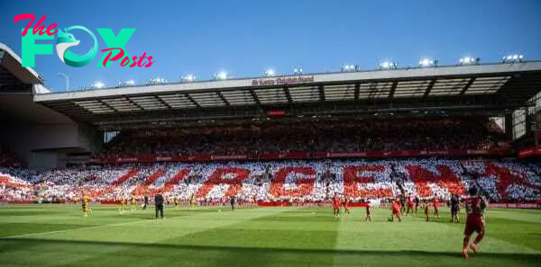 LIVERPOOL, ENGLAND - Saturday, May 18, 2024: Liverpool supporters' mosaic for manager Jürgen Klopp during the FA Premier League match between Liverpool FC and Wolverhampton Wanderers FC at Anfield. (Photo by David Rawcliffe/Propaganda)