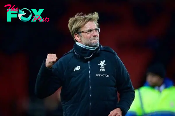 STOKE-ON-TRENT, ENGLAND - Wednesday, November 29, 2017: Liverpool's manager J¸rgen Klopp celebrates his side's 3-0 victory during the FA Premier League match between Stoke City and Liverpool at the Bet365 Stadium. (Pic by David Rawcliffe/Propaganda)