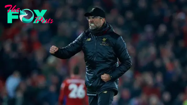 LIVERPOOL, ENGLAND - Saturday, January 19, 2019: Liverpool's manager J¸rgen Klopp celebrates after the 4-3 victory over Crystal Palace during the FA Premier League match between Liverpool FC and Crystal Palace FC at Anfield. (Pic by David Rawcliffe/Propaganda)