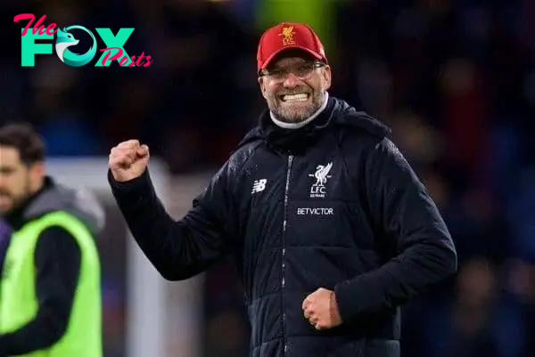 LIVERPOOL, ENGLAND - Saturday, December 30, 2017: Liverpool's manager Jürgen Klopp celebrates his side's late 2-1 victory over Burnley during the FA Premier League match between Liverpool and Leicester City at Anfield. (Pic by David Rawcliffe/Propaganda)