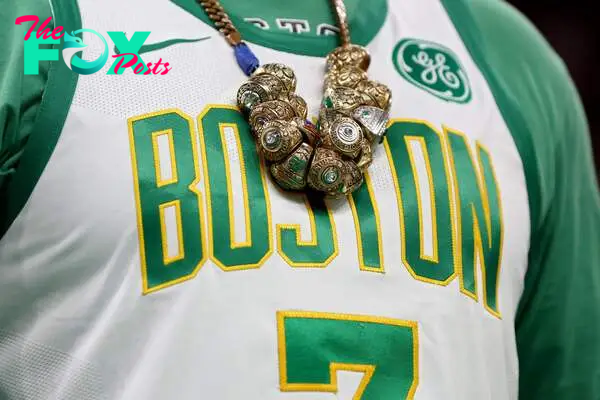 A close-up of Boston Celtics championship rings during overtime against the Indiana Pacers in Game One of the Eastern Conference Finals at TD Garden on May 21, 2024 in Boston, Massachusetts.