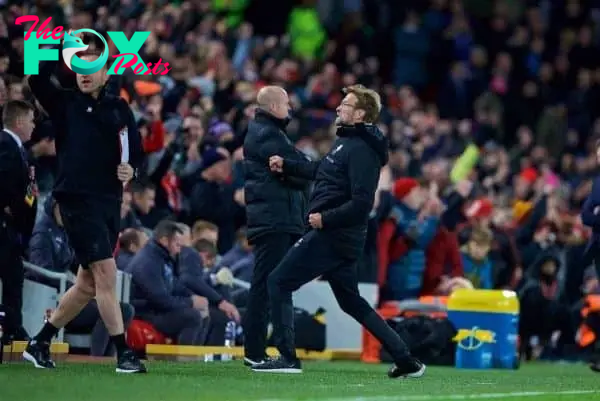 LIVERPOOL, ENGLAND - Saturday, December 30, 2017: Liverpool's manager J¸rgen Klopp celebrates after the 2-1 victory over Leicester City during the FA Premier League match between Liverpool and Leicester City at Anfield. (Pic by David Rawcliffe/Propaganda)
