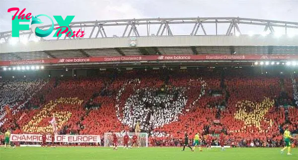 LIVERPOOL, ENGLAND - Friday, August 9, 2019: Liverpool supporters form a mosaic of a European Cup before the opening FA Premier League match of the season between Liverpool FC and Norwich City FC at Anfield. (Pic by David Rawcliffe/Propaganda)