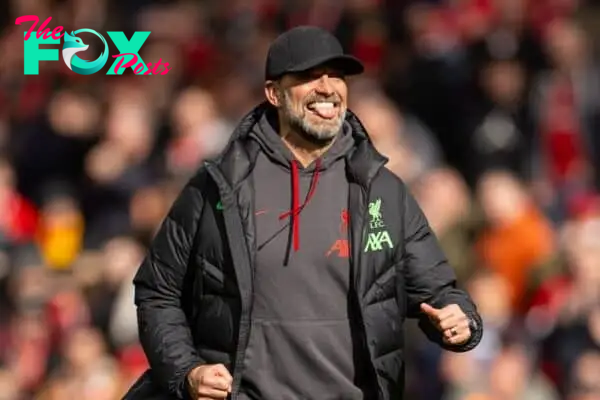 LIVERPOOL, ENGLAND - Sunday, March 31, 2024: Liverpool's manager Jürgen Klopp celebrates after the FA Premier League match between Liverpool FC and Brighton & Hove Albion FC at Anfield. Liverpool won 2-1. (Photo by David Rawcliffe/Propaganda)