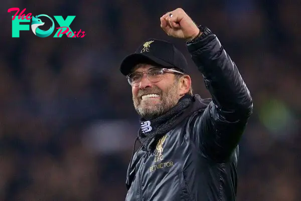 LIVERPOOL, ENGLAND - Tuesday, December 11, 2018: Liverpool's manager J¸rgen Klopp celebrates after beating SSC Napoli 1-0 and progressing to the knock-out phase during the UEFA Champions League Group C match between Liverpool FC and SSC Napoli at Anfield. (Pic by David Rawcliffe/Propaganda)
