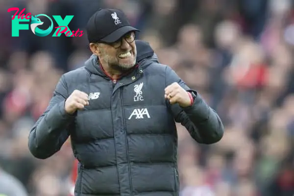 LIVERPOOL, ENGLAND - Saturday, March 7, 2020: Liverpool's manager Jürgen Klopp celebrates after the FA Premier League match between Liverpool FC and AFC Bournemouth at Anfield. Liverpool won 2-1. (Pic by David Rawcliffe/Propaganda)
