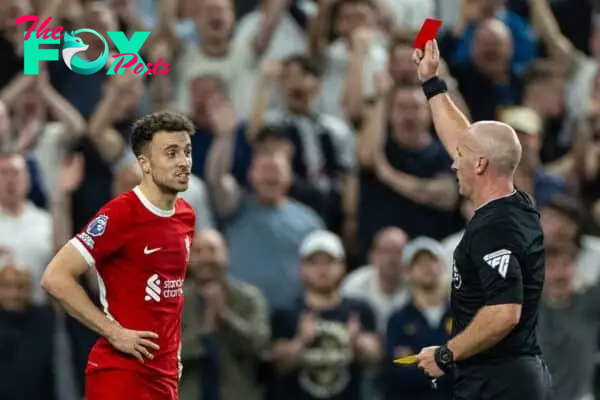 LONDON, ENGLAND - Saturday, September 30, 2023: Liverpool's Diogo Jota is shown a red card and sent off by referee Simon Hooper during the FA Premier League match between Tottenham Hotspur FC and Liverpool FC at the Tottenham Hotspur Stadium. (Pic by David Rawcliffe/Propaganda)