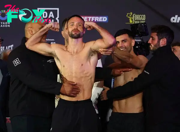 Boxing - Josh Taylor v Jack Catterall Weigh-In - First Direct Arena, Leeds, Britain - May 24, 2024 Josh Taylor and Jack Catterall pose during the weigh-in Action Images via Reuters/Molly Darlington