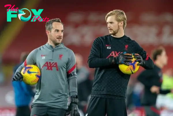 LIVERPOOL, ENGLAND - Sunday, November 22, 2020: Liverpool’s goalkeeping coach Jack Robinson (L) and goalkeeper Caoimhin Kelleher during the pre-match warm-up before the FA Premier League match between Liverpool FC and Leicester City FC at Anfield. The game was played behind closed doors due to the UK government’s social distancing laws during the Coronavirus COVID-19 Pandemic. Liverpool won 3-0. (Pic by David Rawcliffe/Propaganda)