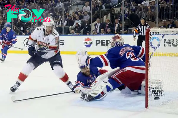 Aleksander Barkov, #16 of the Florida Panthers, shoots the puck wide of Igor Shesterkin #31 of the New York Rangers during the second period in Game One of the Eastern Conference Final of the 2024 Stanley Cup Playoffs at Madison Square Garden on May 22, 2024, in New York City.