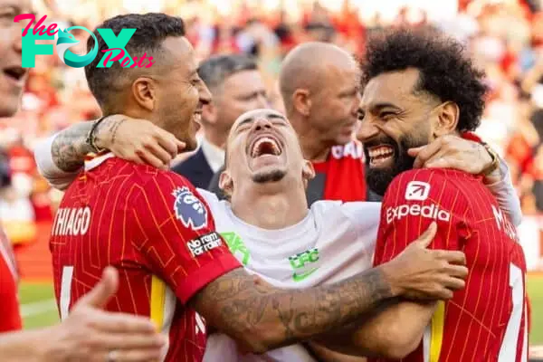 LIVERPOOL, ENGLAND - Saturday, May 18, 2024: Liverpool's Thiago Alcântara, Kostas Tsimikas and Mohamed Salah after the FA Premier League match between Liverpool FC and Wolverhampton Wanderers FC at Anfield. (Photo by David Rawcliffe/Propaganda)