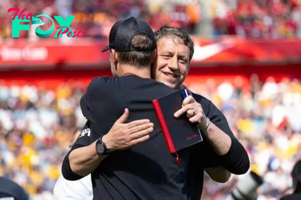 LIVERPOOL, ENGLAND - Saturday, May 18, 2024: Liverpool's assistant manager Peter Krawietz embraces manager Jürgen Klopp before the FA Premier League match between Liverpool FC and Wolverhampton Wanderers FC at Anfield. Liverpool won 2-0. (Photo by David Rawcliffe/Propaganda)