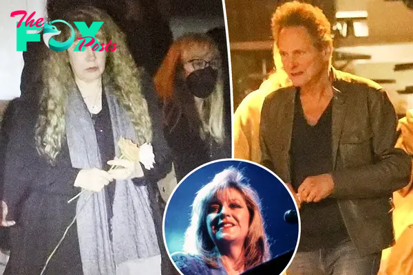 A composite of a close-up of Christine McVie, Stevie Nicks leaving McVie's memorial service and Lindsey Buckingham leaving McVie's memorial service.