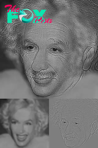 A composite image of Marilyn Monroe and Albert Einstein. Underneath it, a blurry image of Monroe is on the left and illustration of Einstein on the right are the two separate images