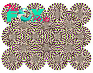 18 overlapping circles made up of green and purple forms that appear to be rotating