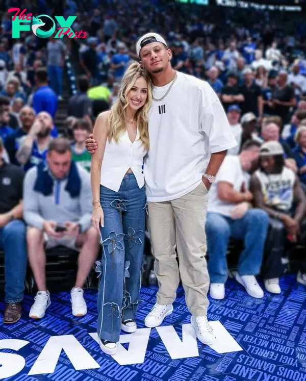 Brittany Mahomes wears floral embellished jeans to the NBA playoffs