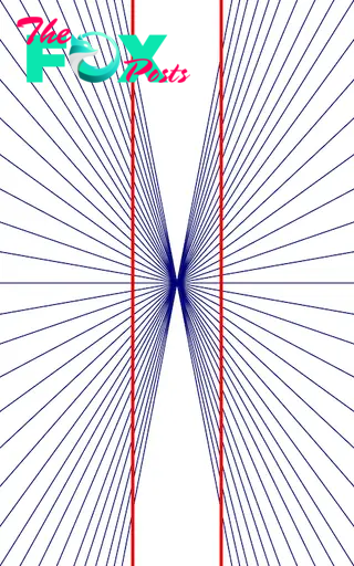 Two vertical red lines are over a white background. Behind them, blue lines radiate out from a point in the middle of the red lines. The red lines appear to bend inward